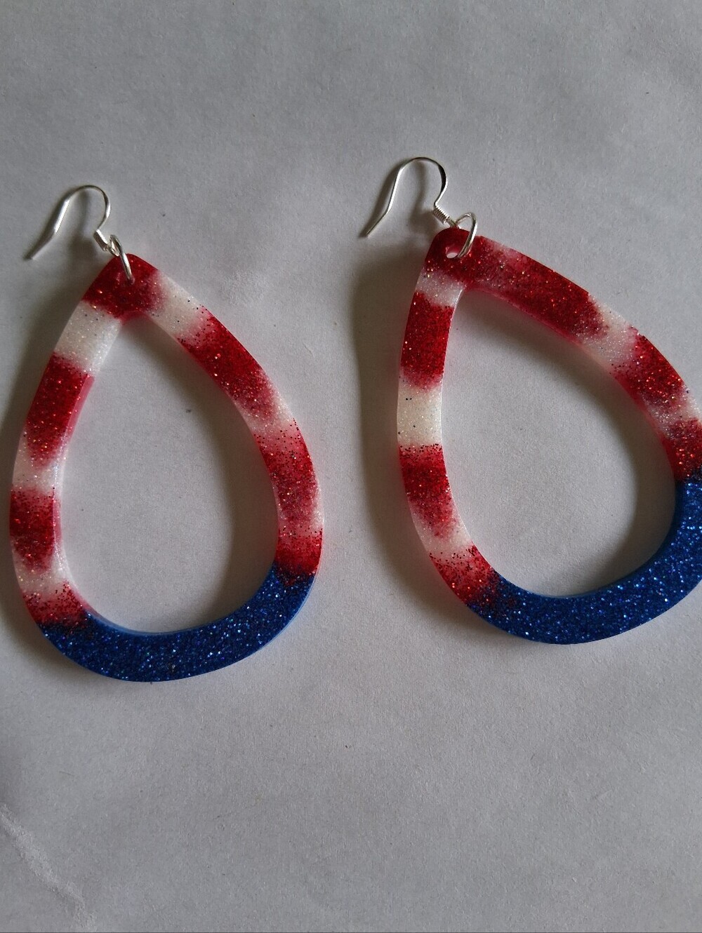 Hand Crafted Red White Blue Glitter Teardrop Earrings